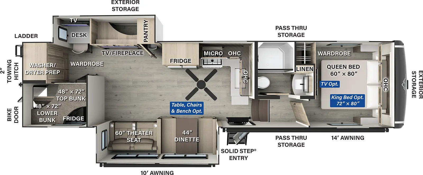 The Flagstaff Classic Fifth Wheels F378BH floorplan has one entry and two slide outs. Exterior features include: fiberglass exterior and 10' & 14' awning. Interiors features include: bunk beds and front bedroom.